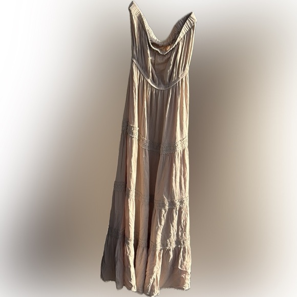 Tan Strapless Tiered Maxi Dress Resort Wear - Picture 1 of 3